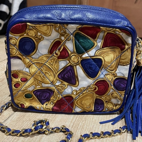 Vintage Chanel Silk Gripoix Jewel Print Leather Tassel Chain Crossbody Mini Bag - Picture 1 of 9